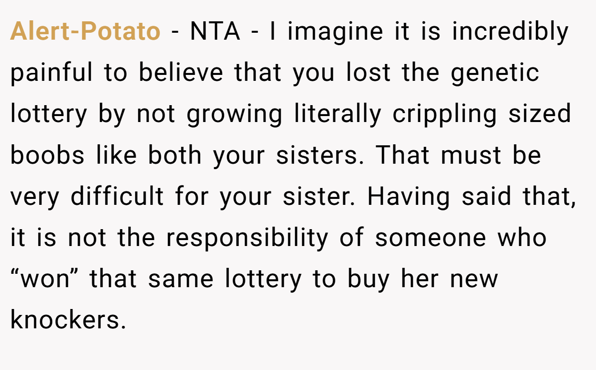 Alert-Potato − NTA - I imagine it is incredibly painful to believe that you lost the genetic lottery by not growing literally crippling sized boobs like both your sisters. That must be very difficult for your sister. Having said that, it is not the responsibility of someone who “won” that same lottery to buy her new knockers.