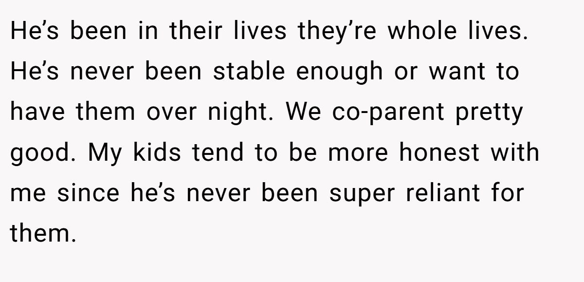 He’s been in their lives they’re whole lives. He’s never been stable enough or want to have them over night. We co-parent pretty good. My kids tend to be more honest with me since he’s never been super reliant for them.