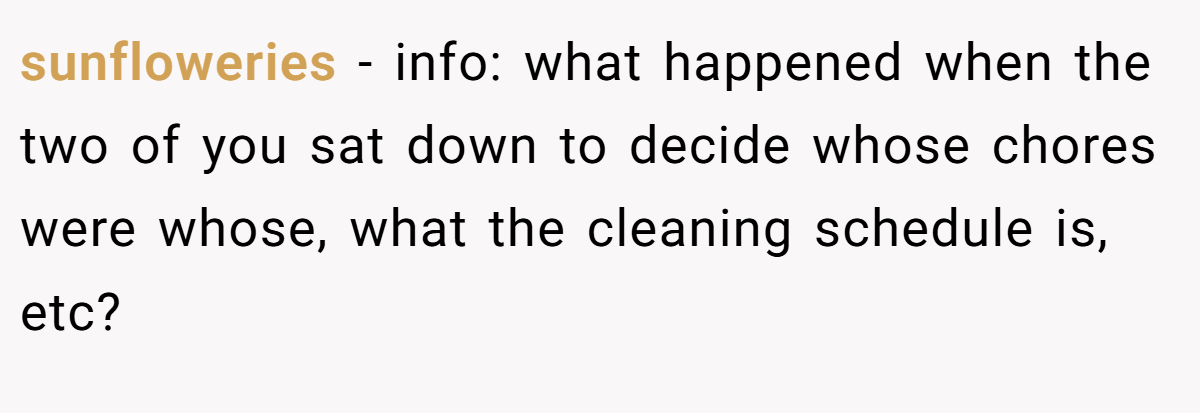 sunfloweries − info: what happened when the two of you sat down to decide whose chores were whose, what the cleaning schedule is, etc?