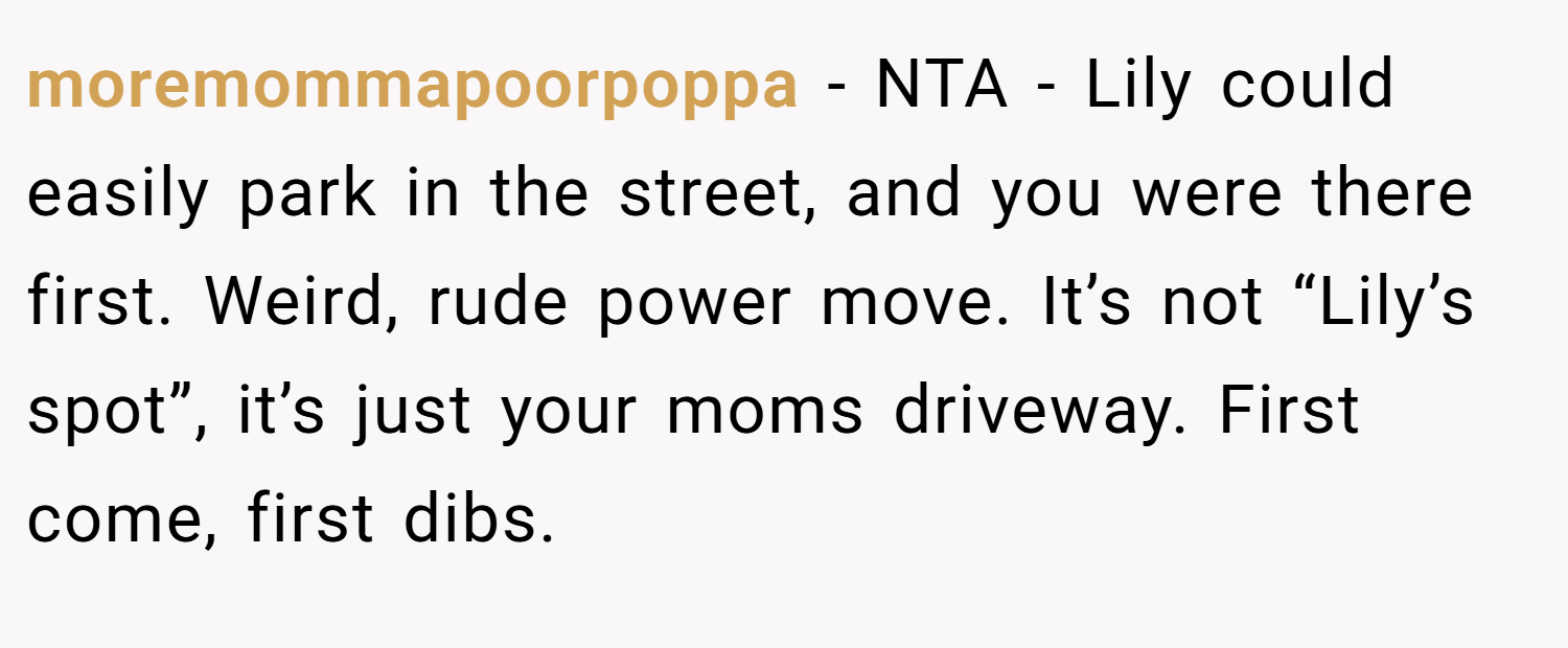 moremommapoorpoppa − NTA - Lily could easily park in the street, and you were there first. Weird, rude power move. It’s not “Lily’s spot”, it’s just your moms driveway. First come, first dibs.