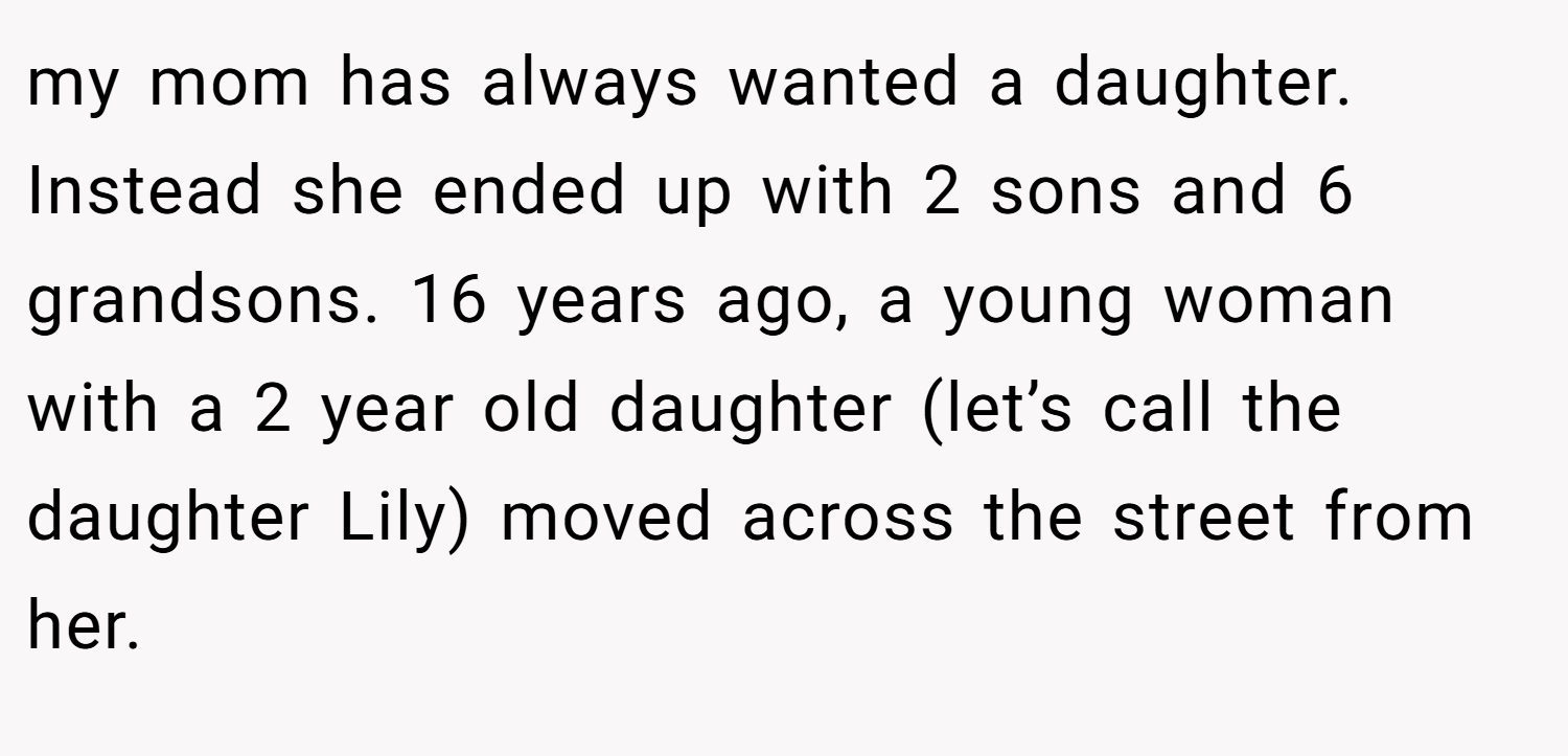 my mom has always wanted a daughter. Instead she ended up with 2 sons and 6 grandsons. 16 years ago, a young woman with a 2 year old daughter (let’s call the daughter Lily) moved across the street from her.