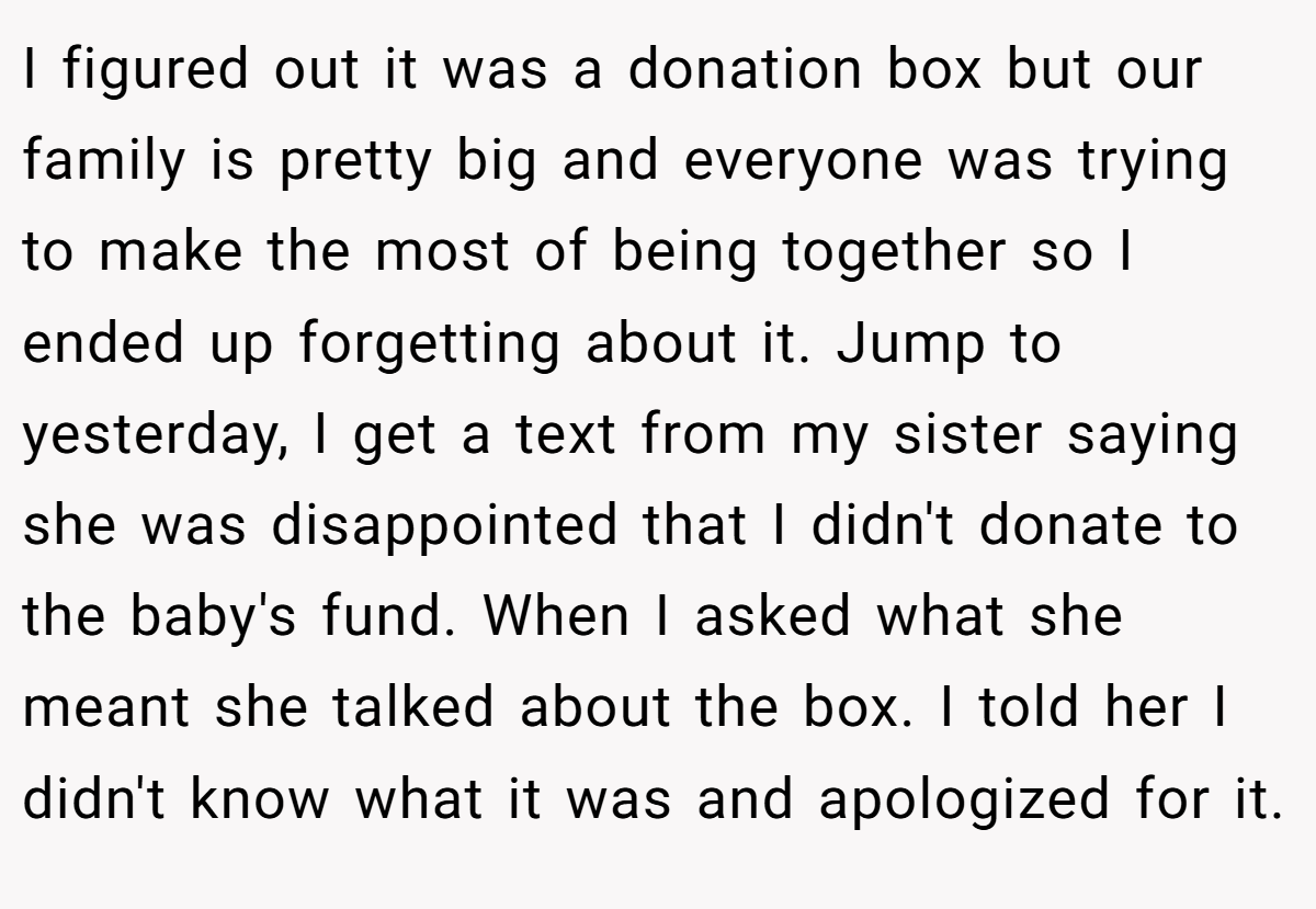 I figured out it was a donation box but our family is pretty big and everyone was trying to make the most of being together so I ended up forgetting about it. Jump to yesterday, I get a text from my sister saying she was disappointed that I didn't donate to the baby's fund. When I asked what she meant she talked about the box. I told her I didn't know what it was and apologized for it.