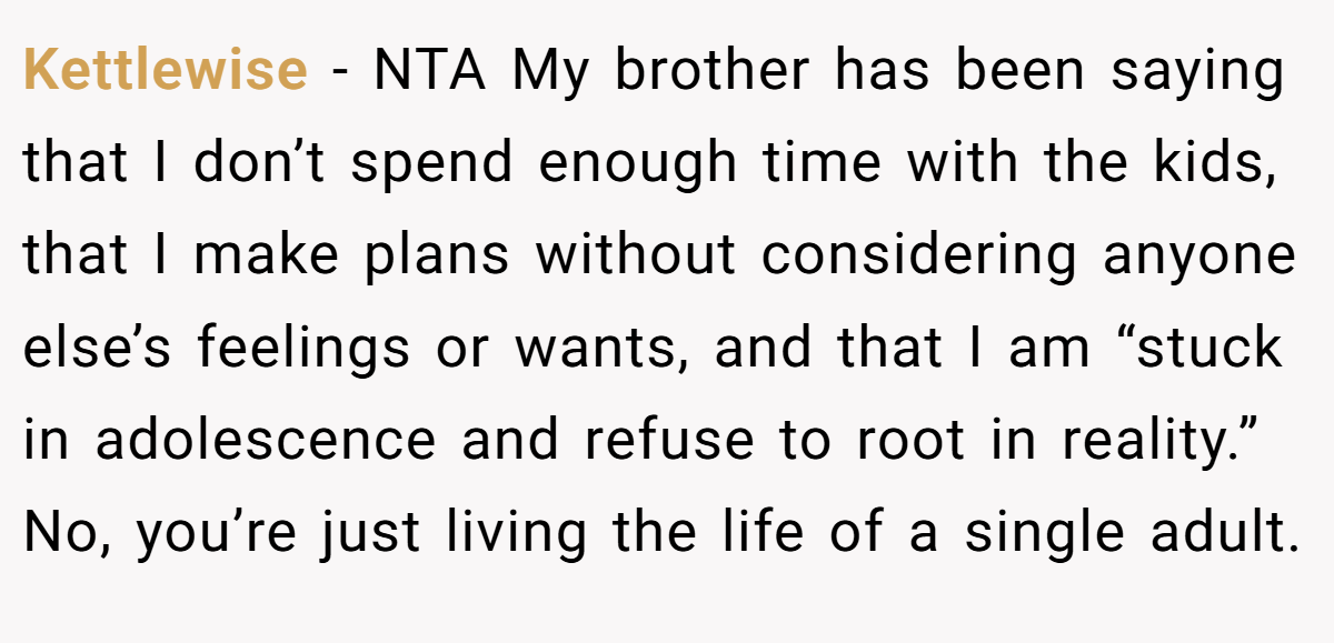 Kettlewise − NTA My brother has been saying that I don’t spend enough time with the kids, that I make plans without considering anyone else’s feelings or wants, and that I am “stuck in adolescence and refuse to root in reality.” No, you’re just living the life of a single adult.