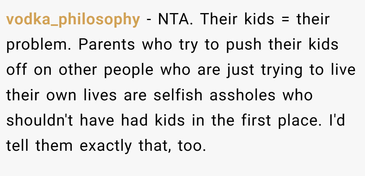 vodka_philosophy − NTA. Their kids = their problem. Parents who try to push their kids off on other people who are just trying to live their own lives are selfish assholes who shouldn't have had kids in the first place. I'd tell them exactly that, too.