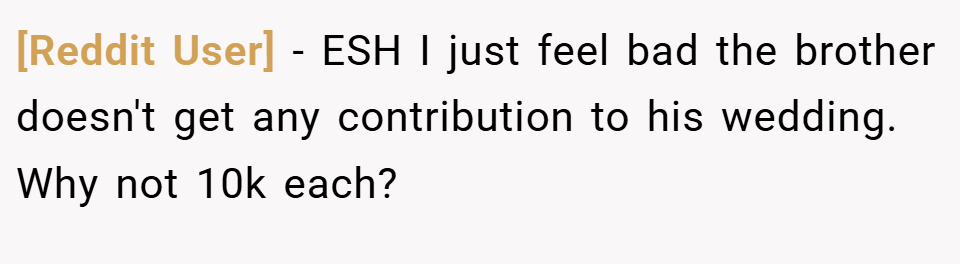 [Reddit User] − ESH I just feel bad the brother doesn't get any contribution to his wedding. Why not 10k each?