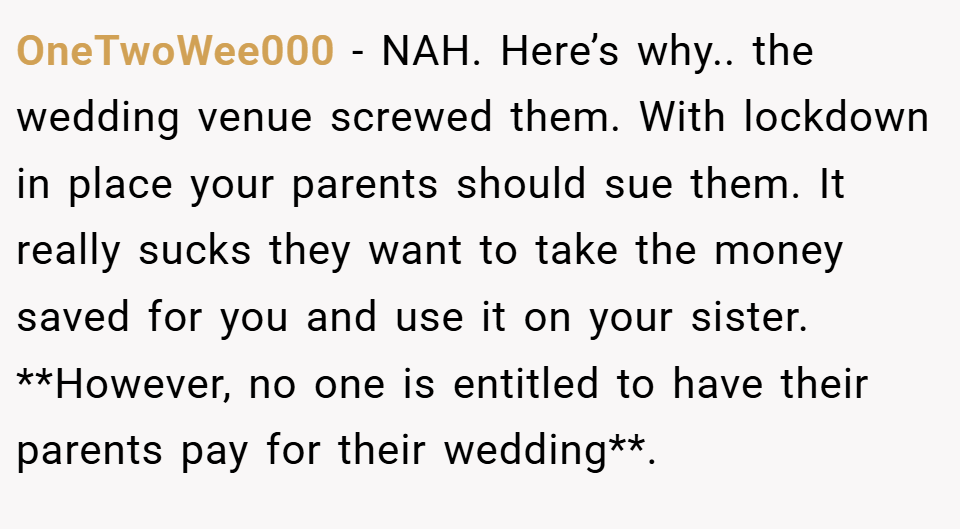 OneTwoWee000 − NAH. Here’s why.. the wedding venue screwed them. With lockdown in place your parents should sue them. It really sucks they want to take the money saved for you and use it on your sister. **However, no one is entitled to have their parents pay for their wedding**.