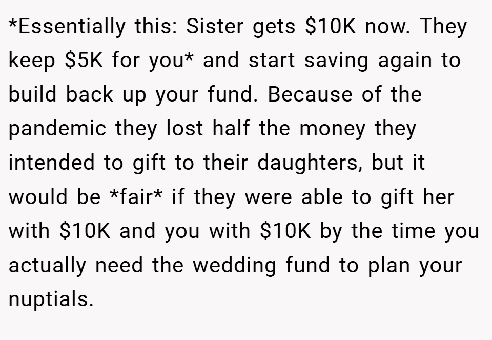 *Essentially this: Sister gets $10K now. They keep $5K for you* and start saving again to build back up your fund. Because of the pandemic they lost half the money they intended to gift to their daughters, but it would be *fair* if they were able to gift her with $10K and you with $10K by the time you actually need the wedding fund to plan your nuptials.