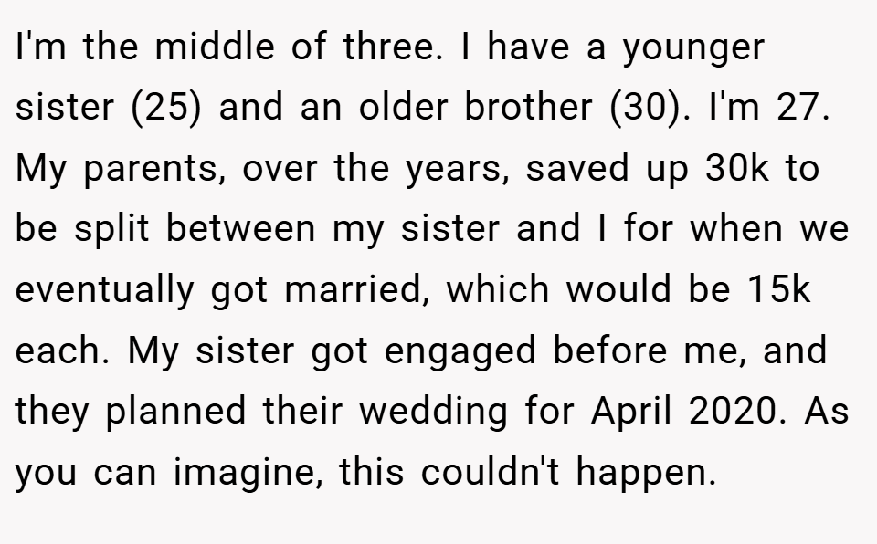 I'm the middle of three. I have a younger sister (25) and an older brother (30). I'm 27. My parents, over the years, saved up 30k to be split between my sister and I for when we eventually got married, which would be 15k each. My sister got engaged before me, and they planned their wedding for April 2020. As you can imagine, this couldn't happen.