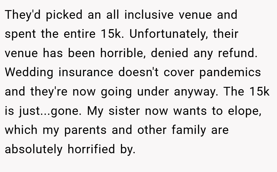 They'd picked an all inclusive venue and spent the entire 15k. Unfortunately, their venue has been horrible, denied any refund. Wedding insurance doesn't cover pandemics and they're now going under anyway. The 15k is just...gone. My sister now wants to elope, which my parents and other family are absolutely horrified by.
