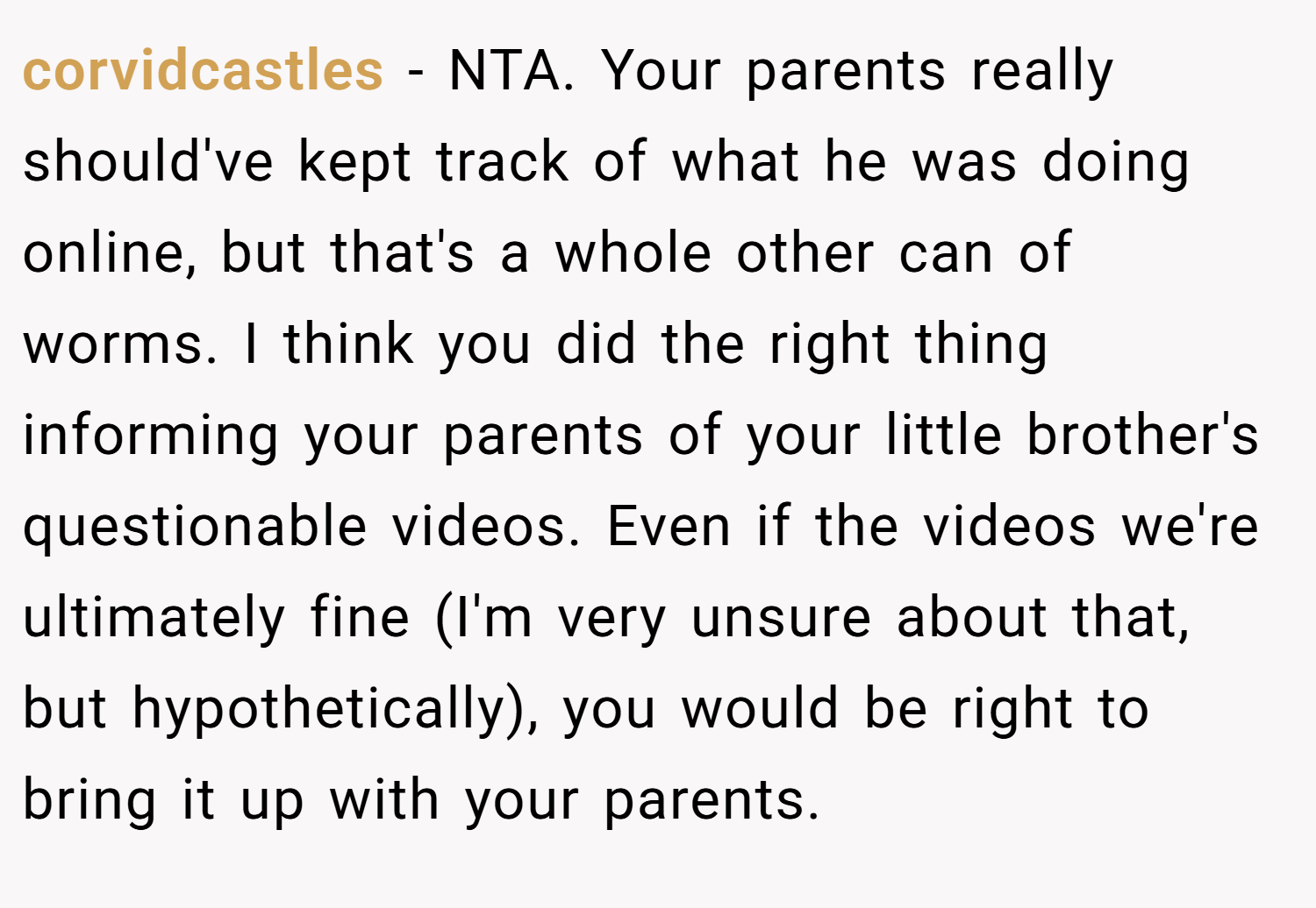 corvidcastles − NTA. Your parents really should've kept track of what he was doing online, but that's a whole other can of worms. I think you did the right thing informing your parents of your little brother's questionable videos. Even if the videos we're ultimately fine (I'm very unsure about that, but hypothetically), you would be right to bring it up with your parents.