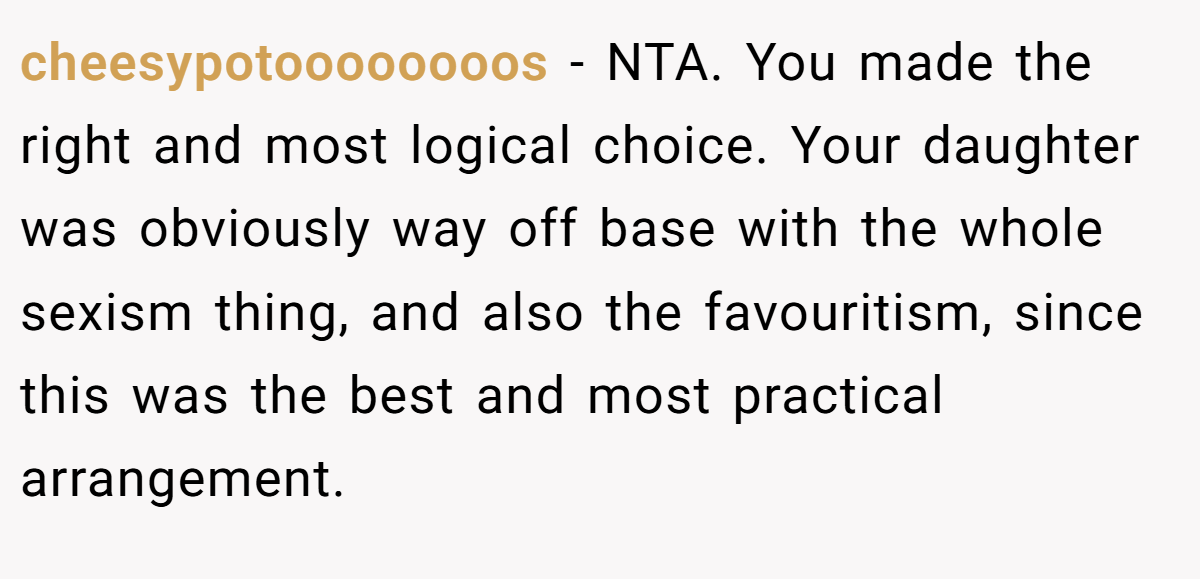 cheesypotoooooooos − NTA. You made the right and most logical choice. Your daughter was obviously way off base with the whole sexism thing, and also the favouritism, since this was the best and most practical arrangement.