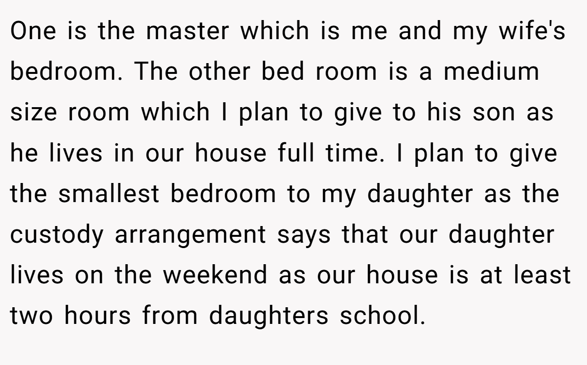 One is the master which is me and my wife's bedroom. The other bed room is a medium size room which I plan to give to his son as he lives in our house full time. I plan to give the smallest bedroom to my daughter as the custody arrangement says that our daughter lives on the weekend as our house is at least two hours from daughters school.