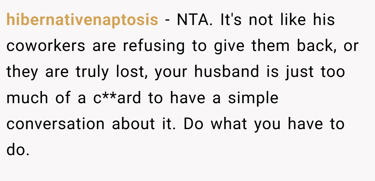 hibernativenaptosis - NTA. It's not like his coworkers are refusing to give them back, or they are truly lost, your husband is just too much of a c**ard to have a simple conversation about it. Do what you have to do.