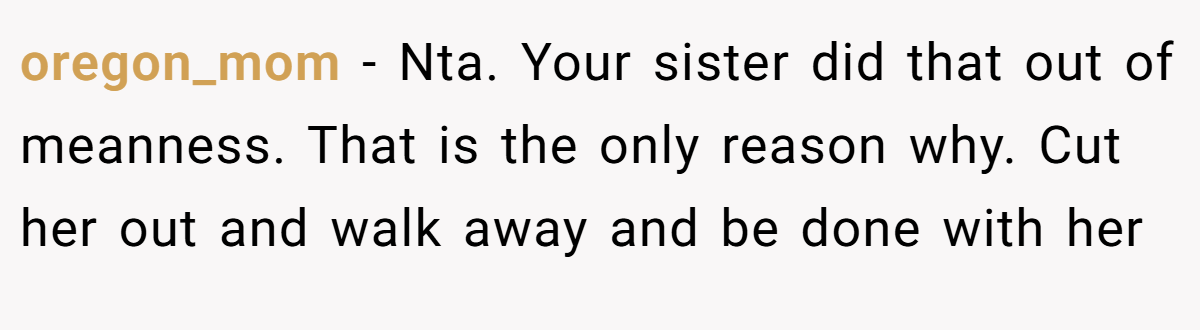 oregon_mom − Nta. Your sister did that out of meanness. That is the only reason why. Cut her out and walk away and be done with her