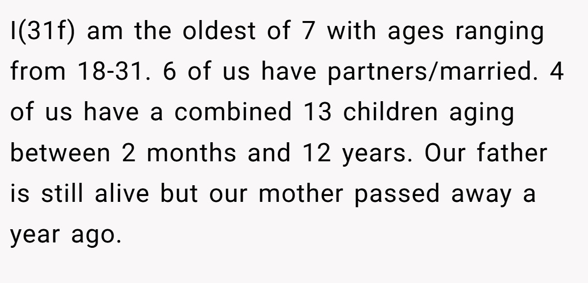 I(31f) am the oldest of 7 with ages ranging from 18-31. 6 of us have partners/married. 4 of us have a combined 13 children aging between 2 months and 12 years. Our father is still alive but our mother passed away a year ago.