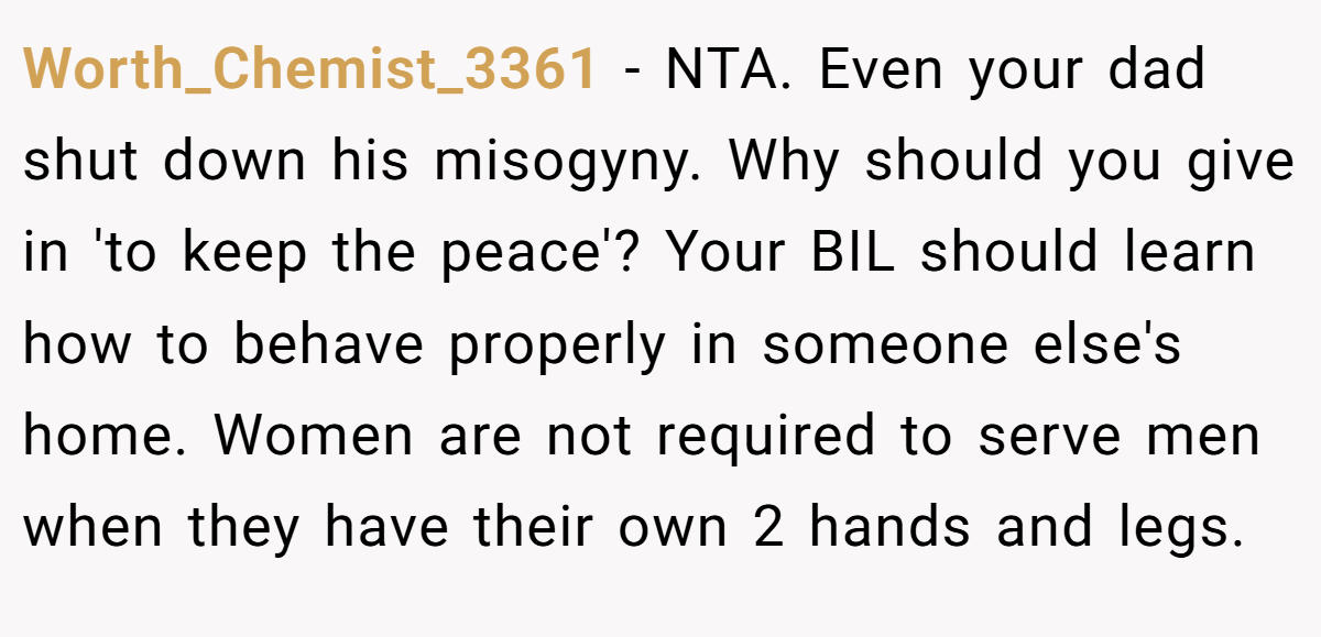 Worth_Chemist_3361 - NTA. Even your dad shut down his misogyny. Why should you give in 'to keep the peace'? Your BIL should learn how to behave properly in someone else's home. Women are not required to serve men when they have their own 2 hands and legs.