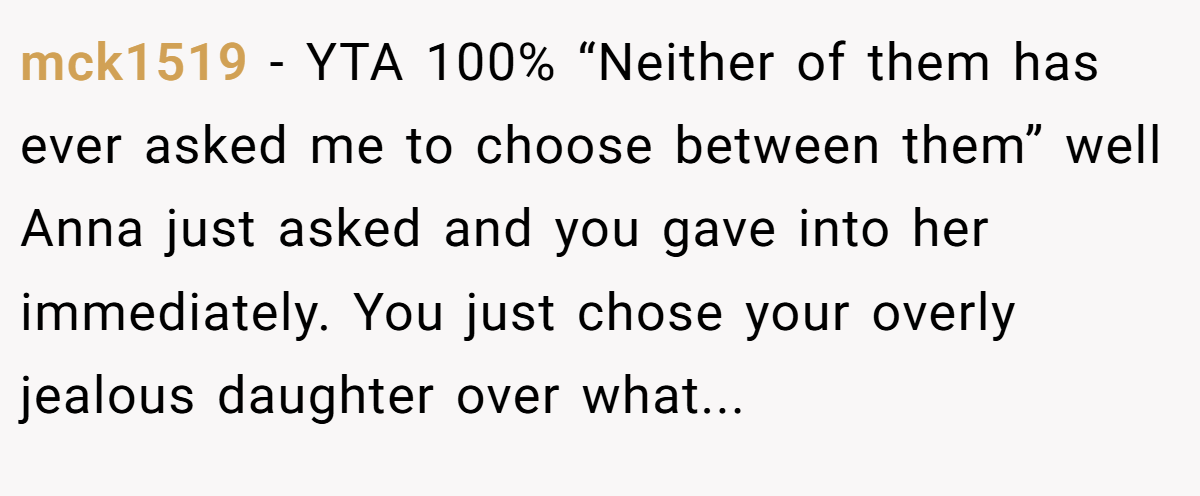 mck1519 − YTA 100% “Neither of them has ever asked me to choose between them” well Anna just asked and you gave into her immediately. You just chose your overly jealous daughter over what...