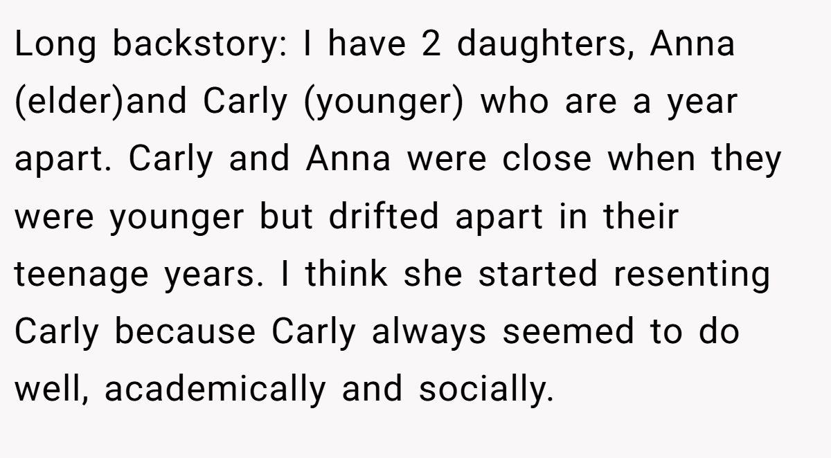 Long backstory: I have 2 daughters, Anna (elder)and Carly (younger) who are a year apart. Carly and Anna were close when they were younger but drifted apart in their teenage years. I think she started resenting Carly because Carly always seemed to do well, academically and socially.