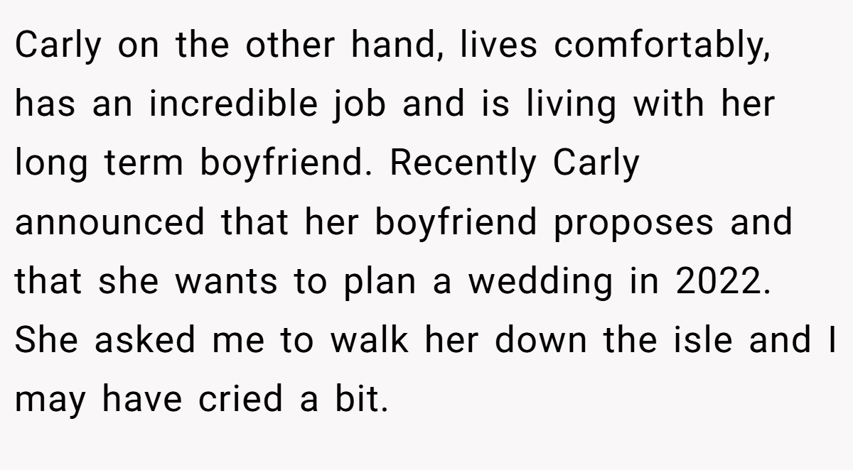Carly on the other hand, lives comfortably, has an incredible job and is living with her long term boyfriend. Recently Carly announced that her boyfriend proposes and that she wants to plan a wedding in 2022. She asked me to walk her down the isle and I may have cried a bit.