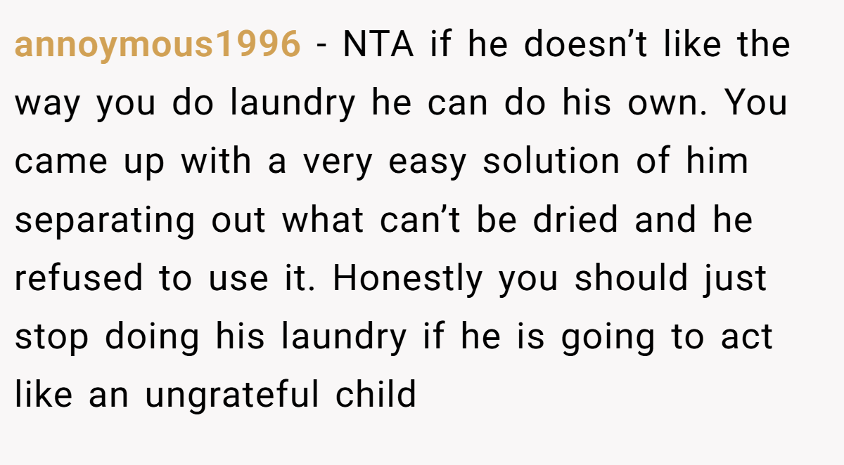 annoymous1996 − NTA if he doesn’t like the way you do laundry he can do his own. You came up with a very easy solution of him separating out what can’t be dried and he refused to use it. Honestly you should just stop doing his laundry if he is going to act like an ungrateful child