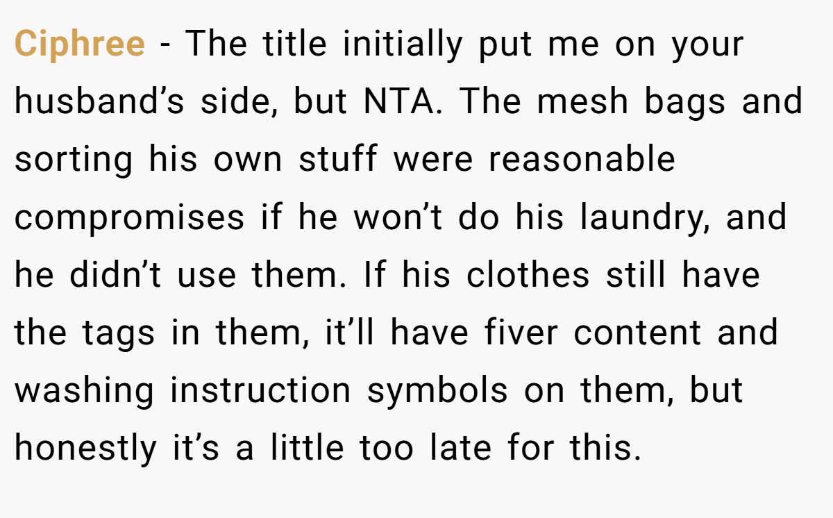 Ciphree − The title initially put me on your husband’s side, but NTA. The mesh bags and sorting his own stuff were reasonable compromises if he won’t do his laundry, and he didn’t use them. If his clothes still have the tags in them, it’ll have fiver content and washing instruction symbols on them, but honestly it’s a little too late for this.