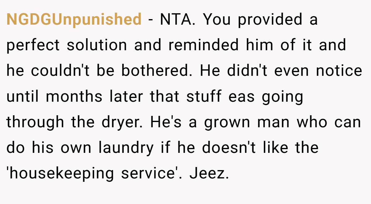 NGDGUnpunished − NTA. You provided a perfect solution and reminded him of it and he couldn't be bothered. He didn't even notice until months later that stuff eas going through the dryer. He's a grown man who can do his own laundry if he doesn't like the 'housekeeping service'. Jeez.