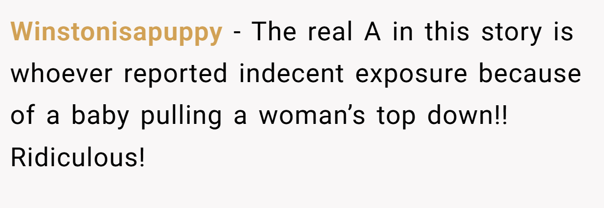 Winstonisapuppy − The real A in this story is whoever reported indecent exposure because of a baby pulling a woman’s top down!! Ridiculous!