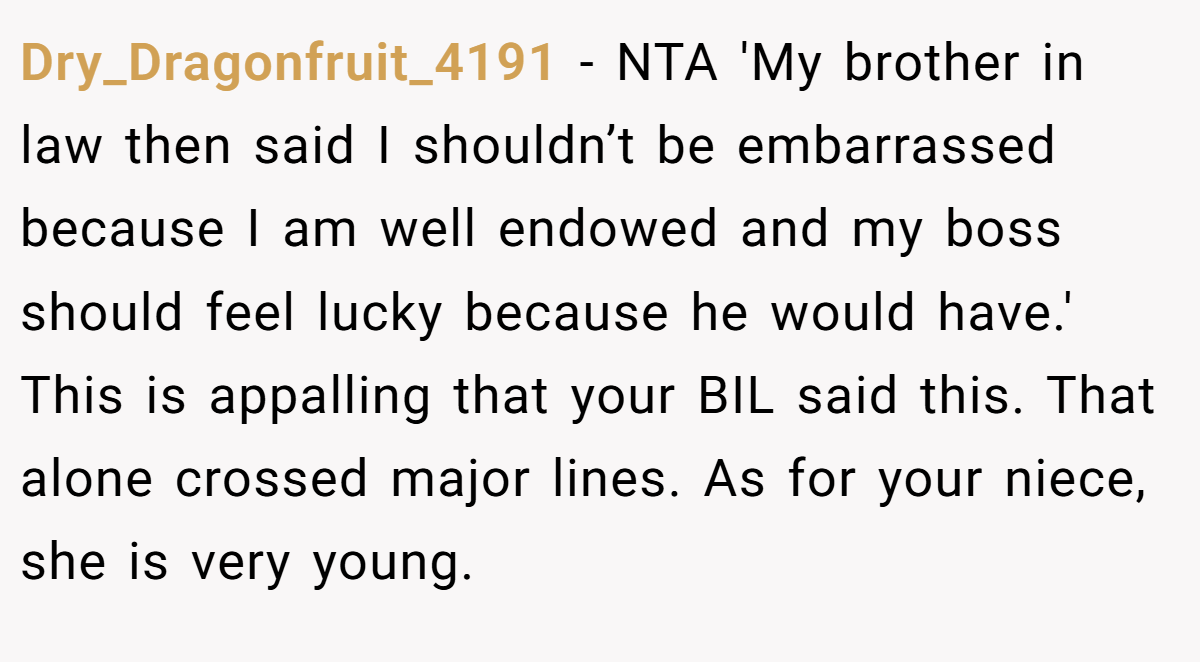 Dry_Dragonfruit_4191 − NTA 'My brother in law then said I shouldn’t be embarrassed because I am well endowed and my boss should feel lucky because he would have.' This is appalling that your BIL said this. That alone crossed major lines. As for your niece, she is very young.