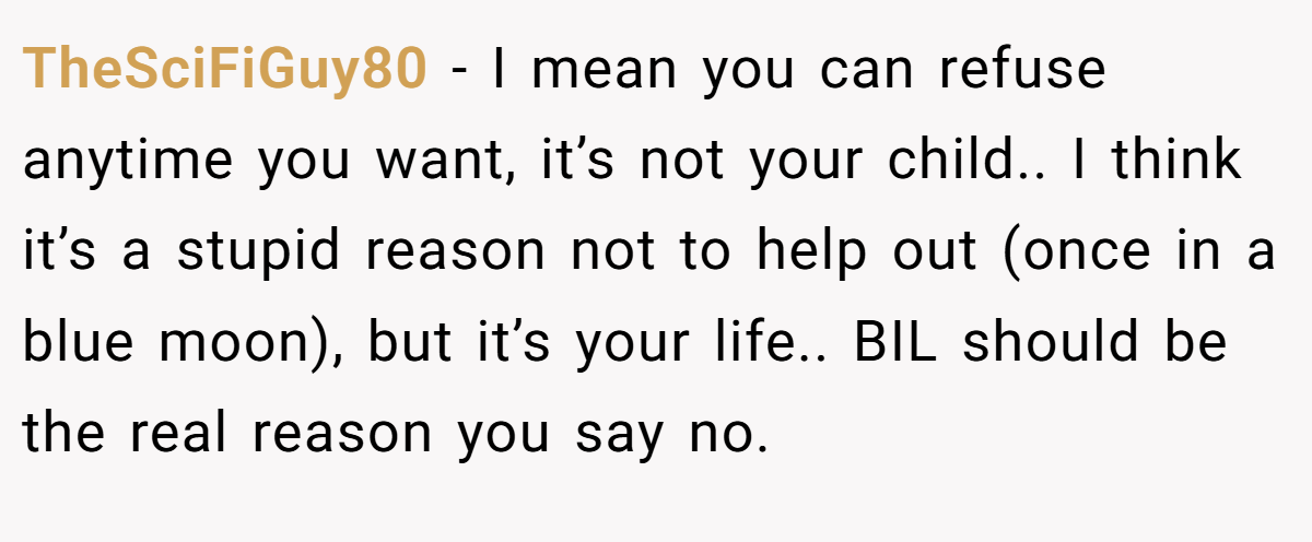 TheSciFiGuy80 − I mean you can refuse anytime you want, it’s not your child.. I think it’s a stupid reason not to help out (once in a blue moon), but it’s your life.. BIL should be the real reason you say no.