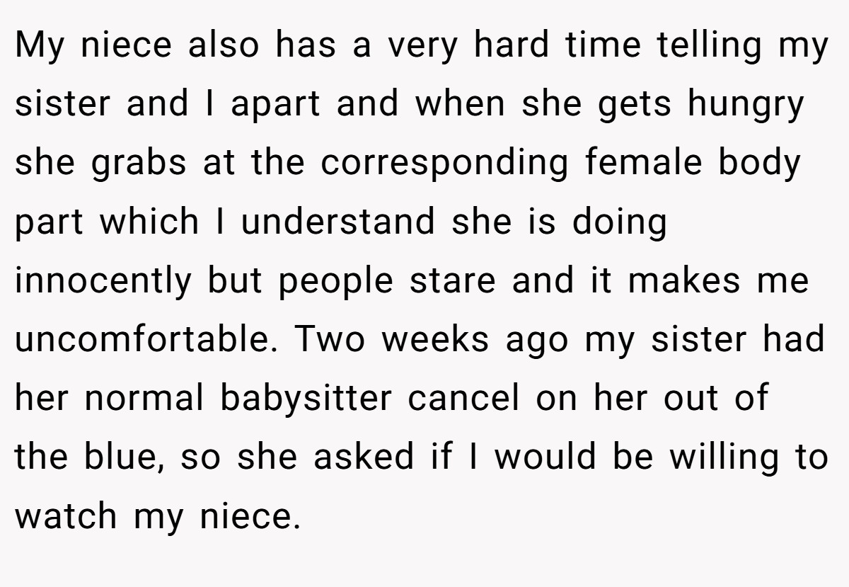My niece also has a very hard time telling my sister and I apart and when she gets hungry she grabs at the corresponding female body part which I understand she is doing innocently but people stare and it makes me uncomfortable. Two weeks ago my sister had her normal babysitter cancel on her out of the blue, so she asked if I would be willing to watch my niece.