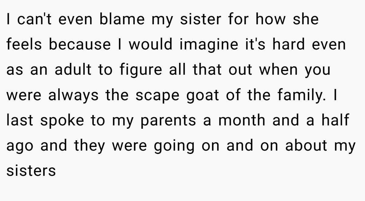 I can't even blame my sister for how she feels because I would imagine it's hard even as an adult to figure all that out when you were always the scape goat of the family. I last spoke to my parents a month and a half ago and they were going on and on about my sisters