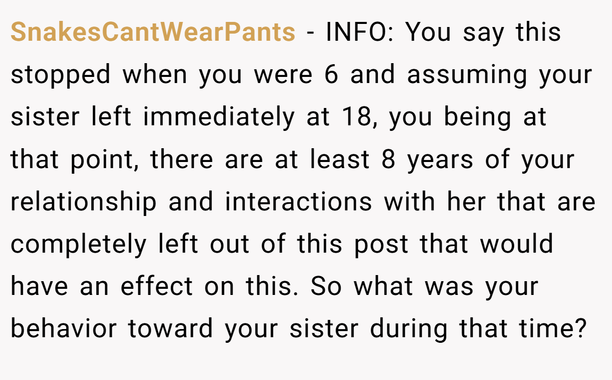 SnakesCantWearPants - INFO: You say this stopped when you were 6 and assuming your sister left immediately at 18, you being at that point, there are at least 8 years of your relationship and interactions with her that are completely left out of this post that would have an effect on this. So what was your behavior toward your sister during that time?