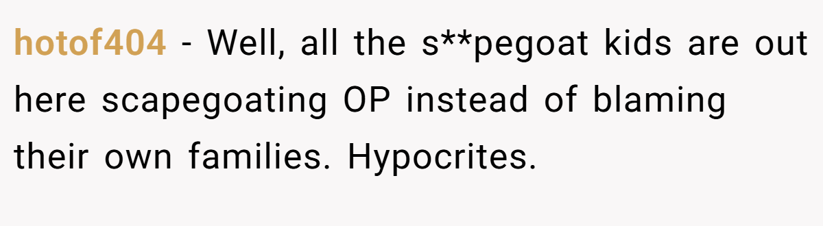 hotof404 - Well, all the s**pegoat kids are out here scapegoating OP instead of blaming their own families. Hypocrites.