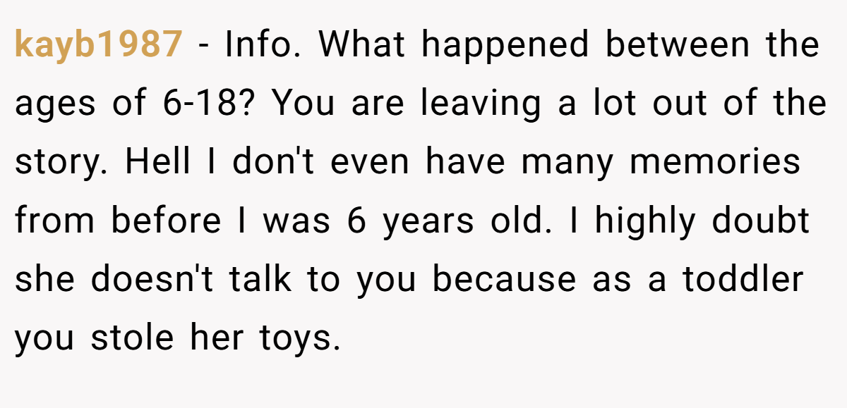 kayb1987 - Info. What happened between the ages of 6-18? You are leaving a lot out of the story. Hell I don't even have many memories from before I was 6 years old. I highly doubt she doesn't talk to you because as a toddler you stole her toys.