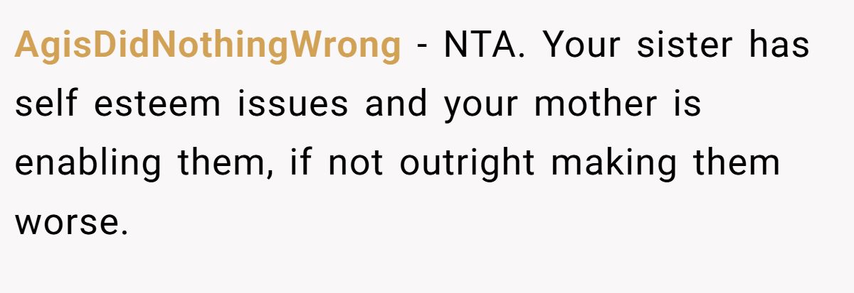 AgisDidNothingWrong − NTA. Your sister has self esteem issues and your mother is enabling them, if not outright making them worse.