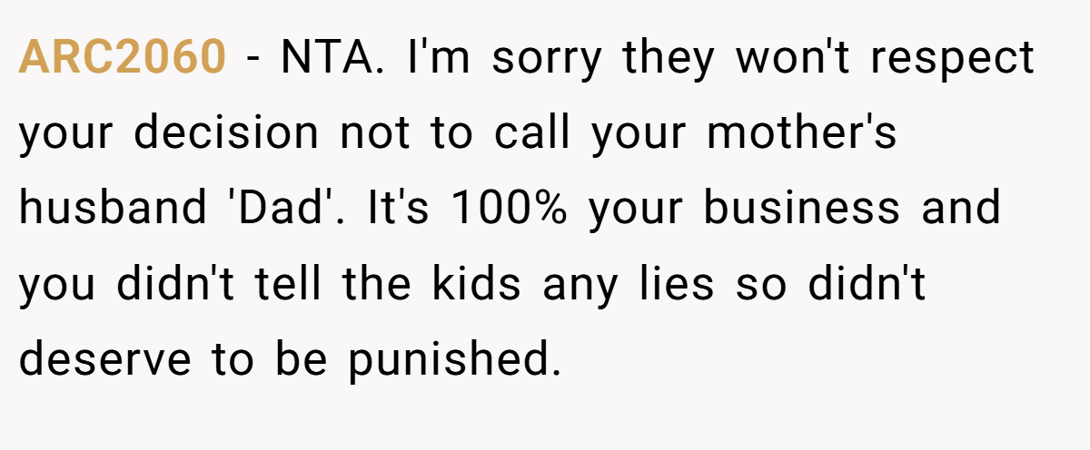 ARC2060 − NTA. I'm sorry they won't respect your decision not to call your mother's husband 'Dad'. It's 100% your business and you didn't tell the kids any lies so didn't deserve to be punished.