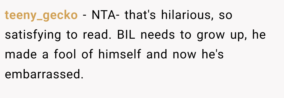 teeny_gecko − NTA- that's hilarious, so satisfying to read. BIL needs to grow up, he made a fool of himself and now he's embarrassed.