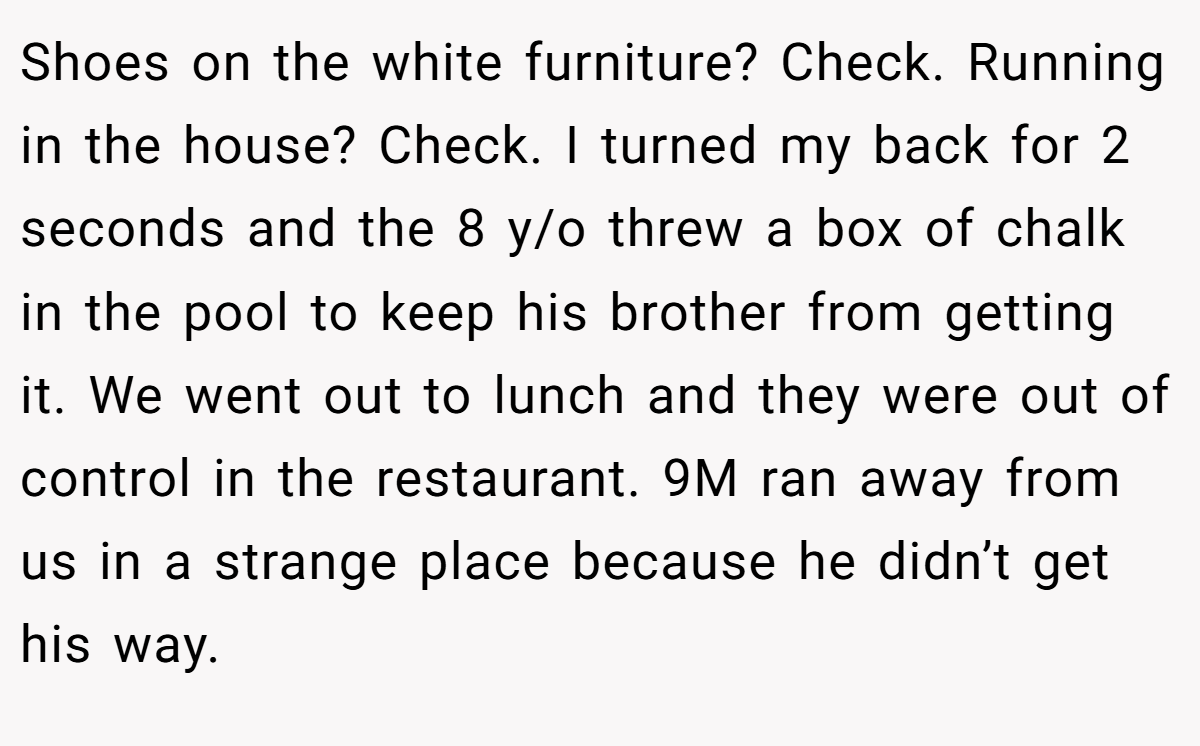 Shoes on the white furniture? Check. Running in the house? Check. I turned my back for 2 seconds and the 8 y/o threw a box of chalk in the pool to keep his brother from getting it. We went out to lunch and they were out of control in the restaurant. 9M ran away from us in a strange place because he didn’t get his way.