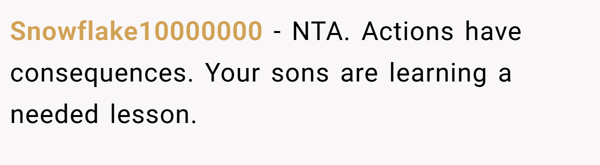 Snowflake10000000 - NTA. Actions have consequences. Your sons are learning a needed lesson.