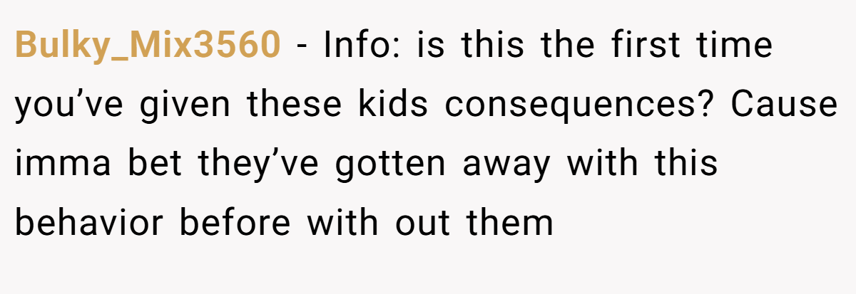 Bulky_Mix3560 - Info: is this the first time you’ve given these kids consequences? Cause imma bet they’ve gotten away with this behavior before with out them