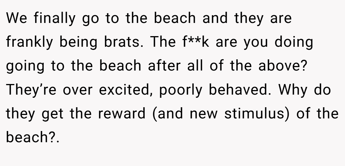 We finally go to the beach and they are frankly being brats. The f**k are you doing going to the beach after all of the above? They’re over excited, poorly behaved. Why do they get the reward (and new stimulus) of the beach?.
