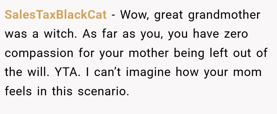SalesTaxBlackCat − Wow, great grandmother was a witch. As far as you, you have zero compassion for your mother being left out of the will. YTA. I can’t imagine how your mom feels in this scenario.