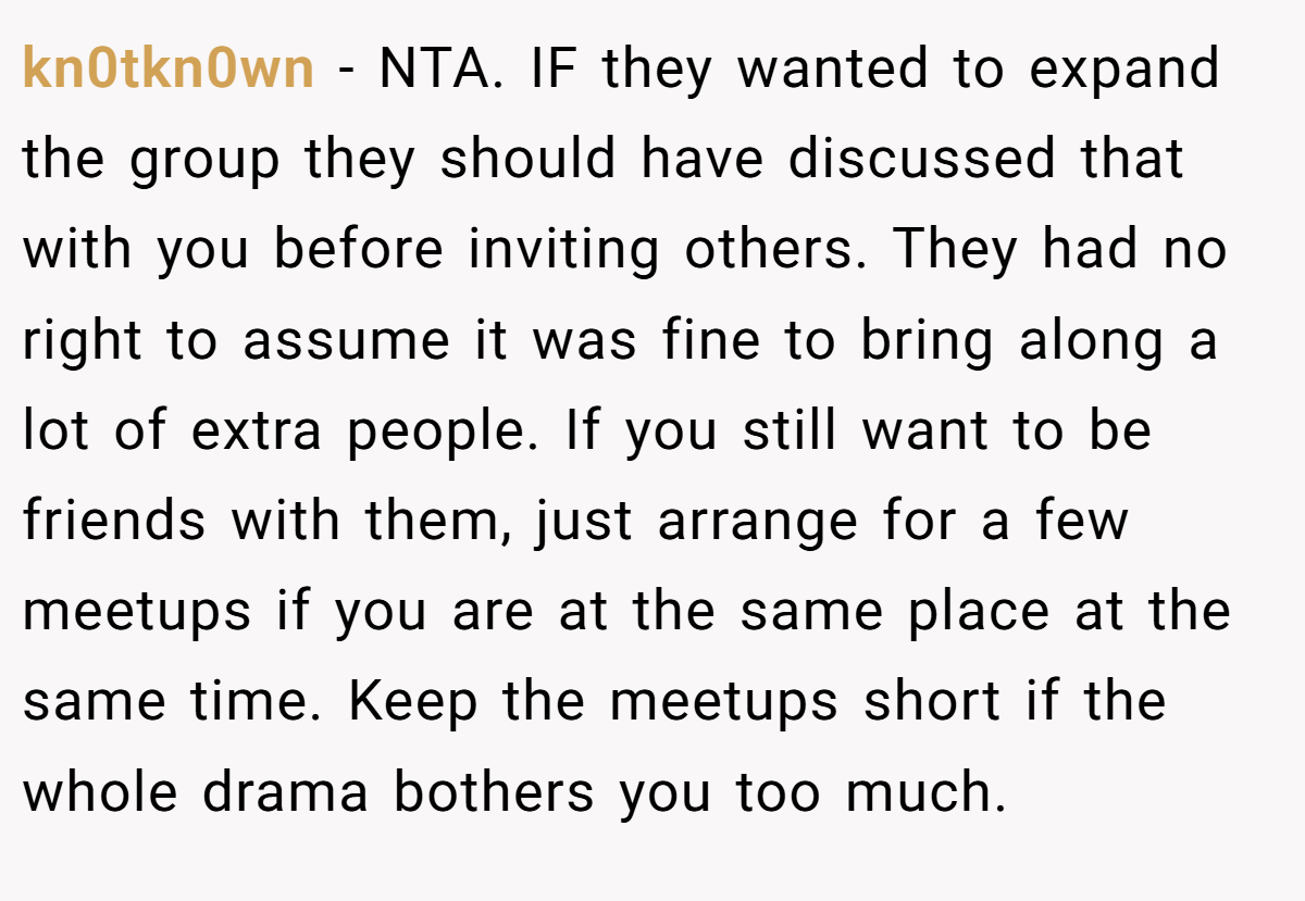 kn0tkn0wn − NTA. IF they wanted to expand the group they should have discussed that with you before inviting others. They had no right to assume it was fine to bring along a lot of extra people. If you still want to be friends with them, just arrange for a few meetups if you are at the same place at the same time. Keep the meetups short if the whole drama bothers you too much.