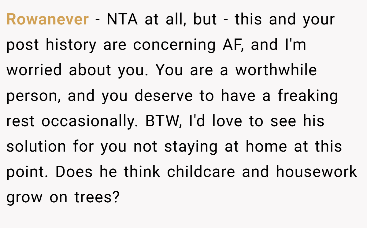 Rowanever − NTA at all, but - this and your post history are concerning AF, and I'm worried about you. You are a worthwhile person, and you deserve to have a freaking rest occasionally. BTW, I'd love to see his solution for you not staying at home at this point. Does he think childcare and housework grow on trees?