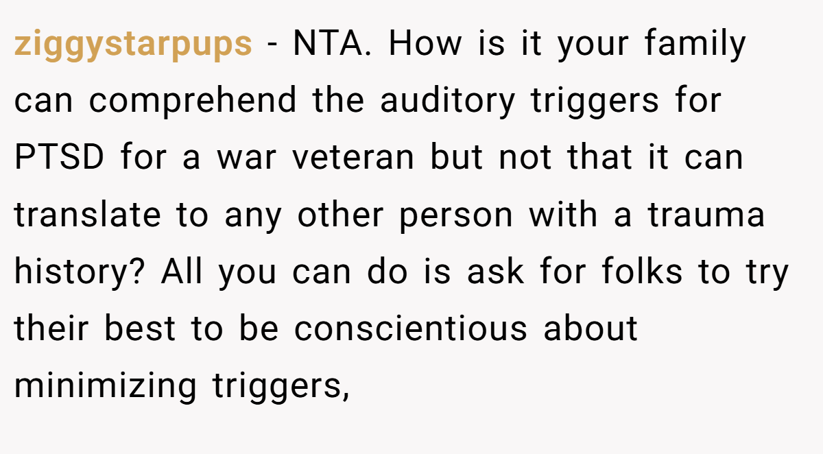 ziggystarpups − NTA. How is it your family can comprehend the auditory triggers for PTSD for a war veteran but not that it can translate to any other person with a trauma history? All you can do is ask for folks to try their best to be conscientious about minimizing triggers,
