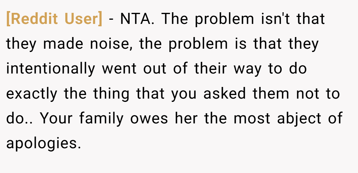 [Reddit User] − NTA. The problem isn't that they made noise, the problem is that they intentionally went out of their way to do exactly the thing that you asked them not to do.. Your family owes her the most abject of apologies.