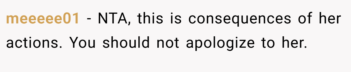 meeeee01 − NTA, this is consequences of her actions. You should not apologize to her.