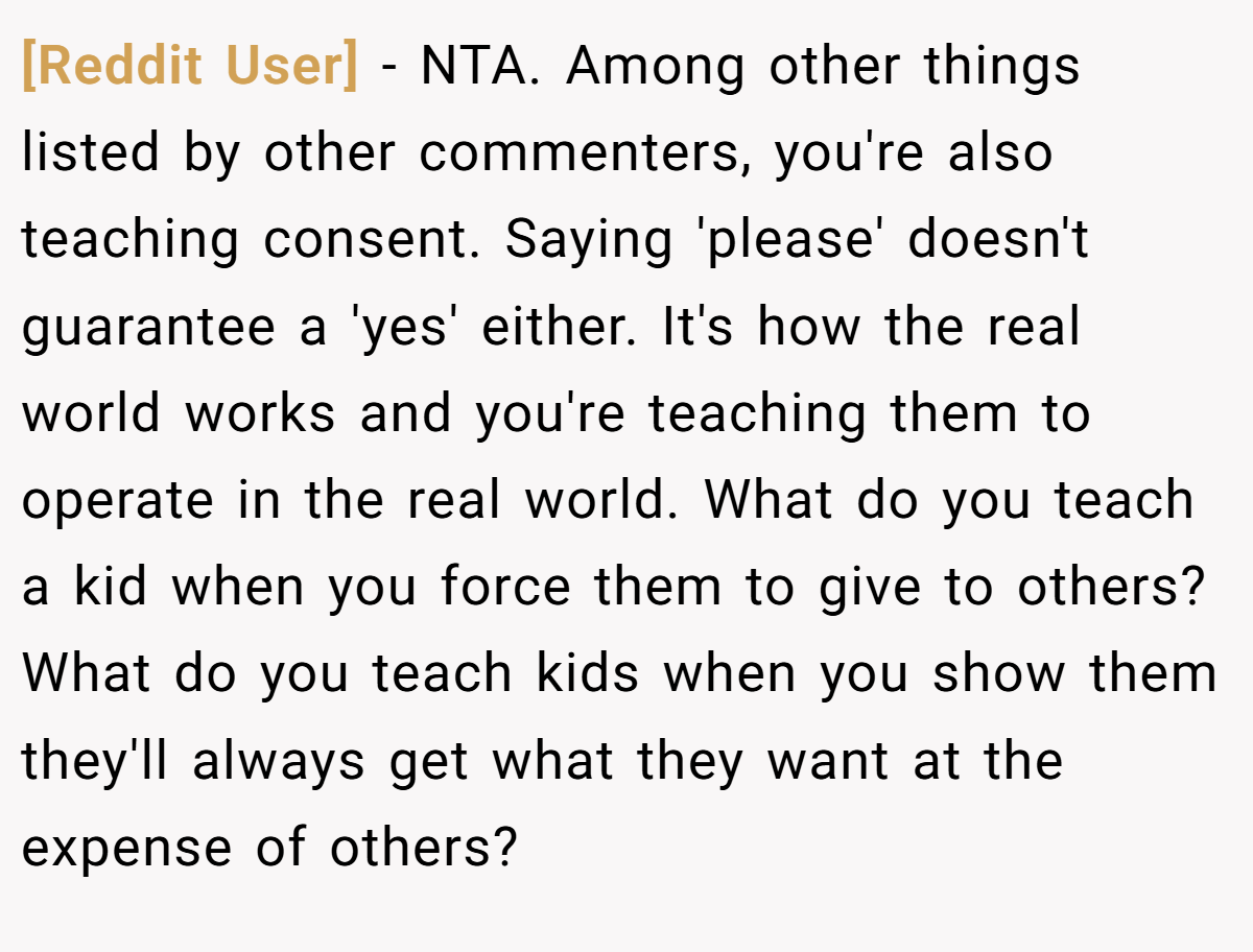 [Reddit User] − NTA. Among other things listed by other commenters, you're also teaching consent. Saying 'please' doesn't guarantee a 'yes' either. It's how the real world works and you're teaching them to operate in the real world. What do you teach a kid when you force them to give to others? What do you teach kids when you show them they'll always get what they want at the expense of others?