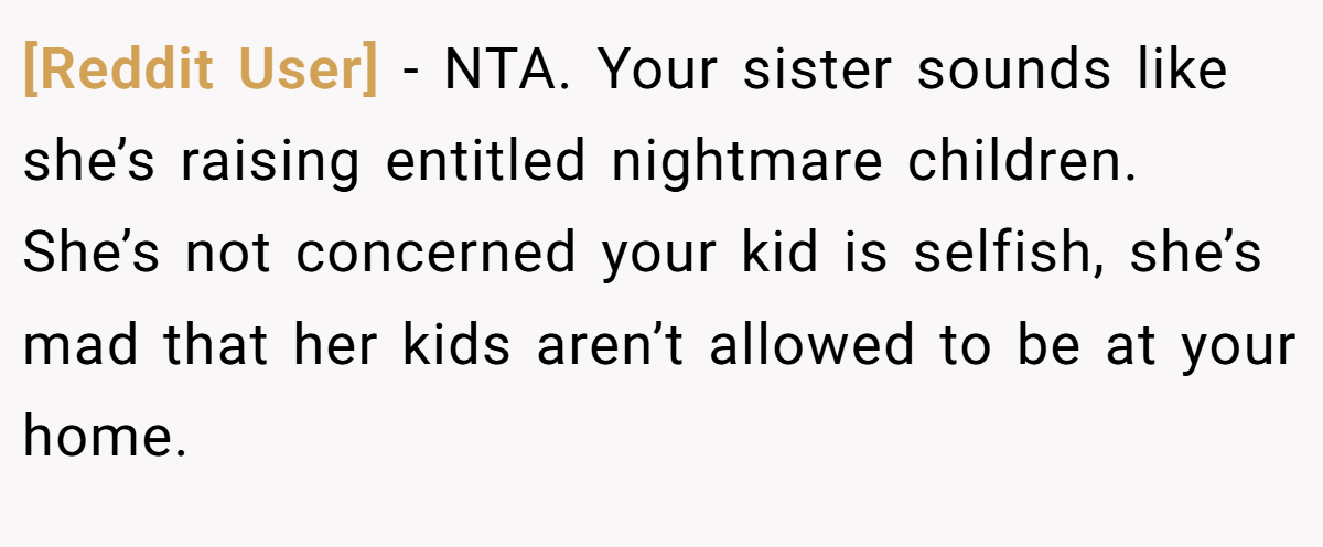 [Reddit User] − NTA. Your sister sounds like she’s raising entitled nightmare children. She’s not concerned your kid is selfish, she’s mad that her kids aren’t allowed to be at your home.