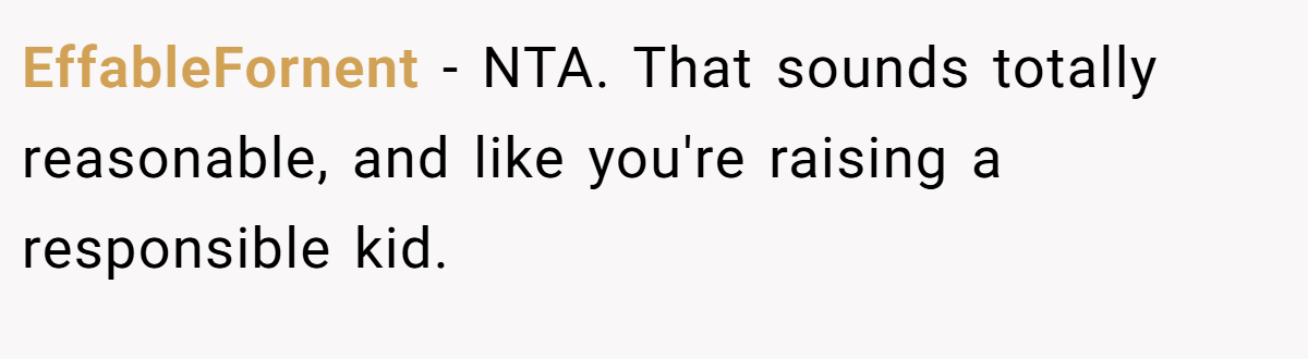 EffableFornent − NTA. That sounds totally reasonable, and like you're raising a responsible kid.